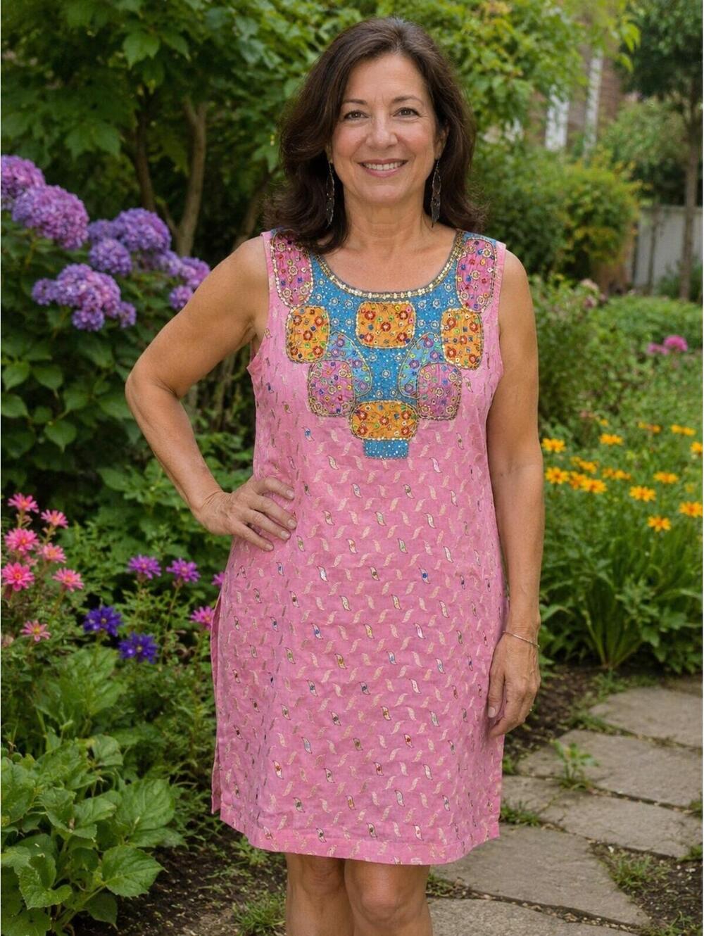 FOLLOW Pink Embroidered Sequined Beaded Sleeveless Boho Tunic Shift Dress Lg